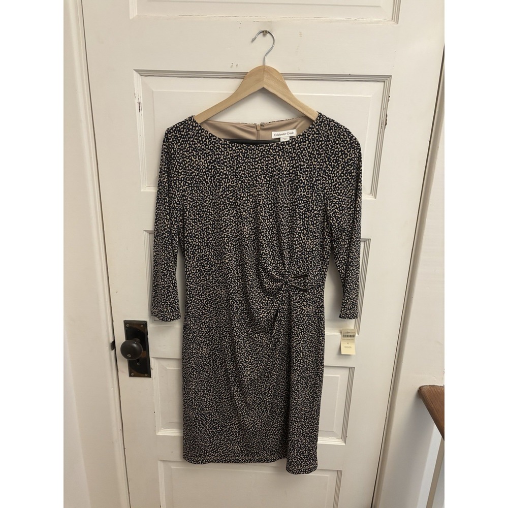 Coldwater Creek Women's Tan Blue Circle Sheath Pencil Stretch Dress Sz 10 New